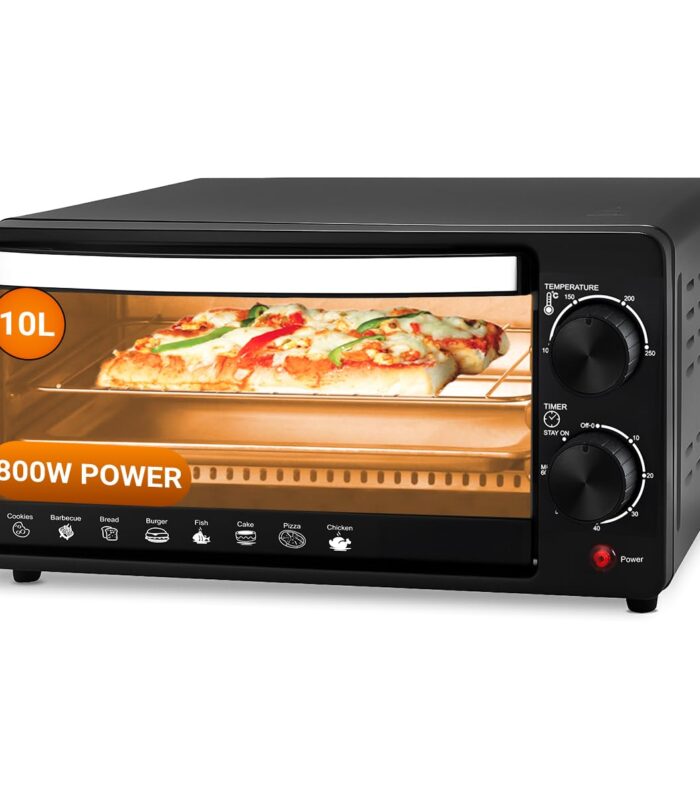 INALSA Oven Toaster Griller 10 L, Cake Baking Oven OTG Multi-Task with Temperature 800 Watts, Includes Baking Pan, Grill Tray & Tray Handle (Black/Silver), kitchen,2 Year Warranty