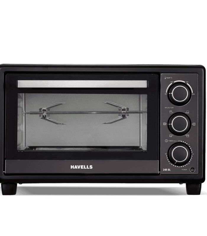 Havells OTG 24R BL - 24 liter Toughened Double Glass Door 60 min timer Rotisserie Inner Lamp 6 Heating Modes 4 Skewer rods Enamelled Coated Baking Tray 2-Yr Warranty 1380 Watt (Black)