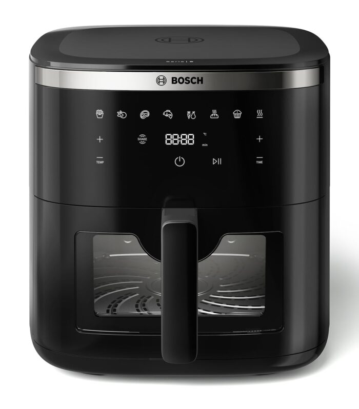 Bosch Crispmaxx Air Fryer 7.2L with baking tray, With Touch Panel,7 Presets menus,Illuminated Viewing Window, Shake Alarm,MAF671B5IN,Black