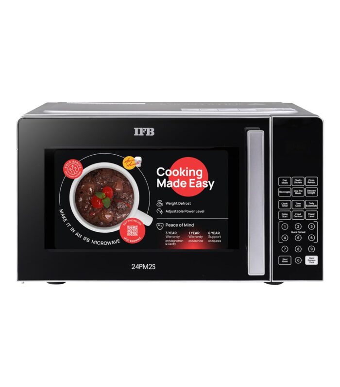 IFB 24L Solo Microwave Oven with 69 Auto Cook Menus (24PM2S, Silver, Mug Recipes, Steam Clean, Auto Reheat, Preset Timer, Power Save, Child Safety Lock, 10 Power Levels)