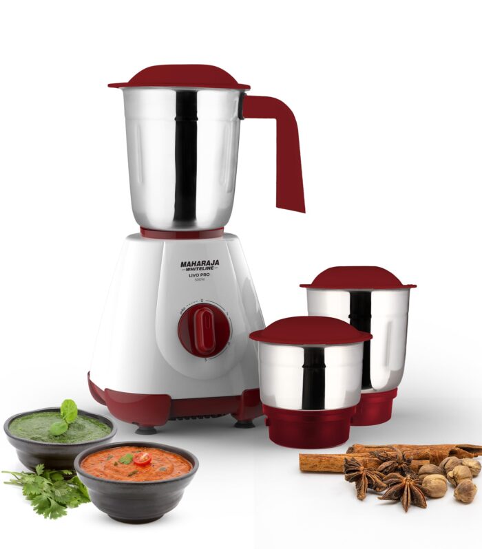 Maharaja Whiteline 500W Livo Pro Mixer Grinder with 3 Stainless Steel Jars with lid and 20,000 RPM Motor Speed (White & Cherry Red)
