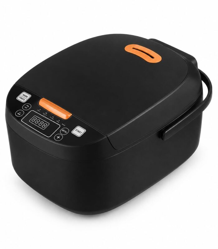 Digital Rice Cooker with LED Display, Black and Orange