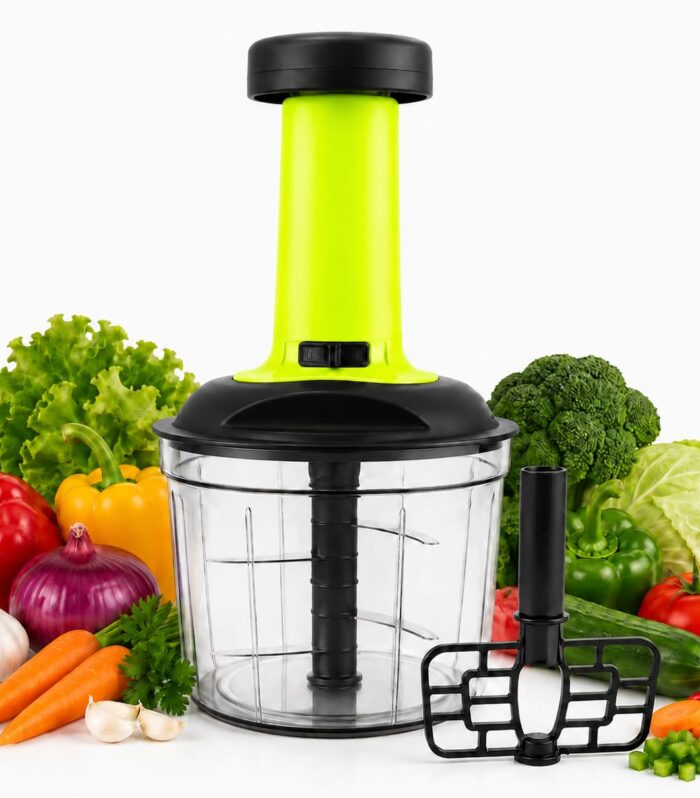 Manual Push Chopper for Kitchen 2 in 1 | 1100ml, 6 Stainless Steel Blades, Hand Press Onion Chopper for Onion, Tomato, Garlic, Ginger, Fruits, Dry Fruits & Salad (NEON Yellow Green)
