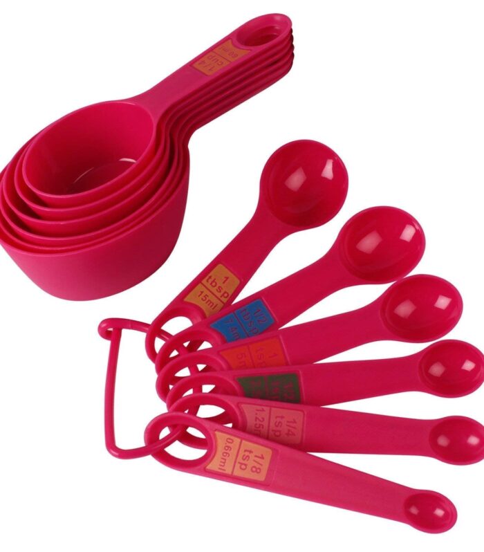 Plastic Measuring Cups and Spoon Set with Ring Holder, 12 Piece Set (Pink)