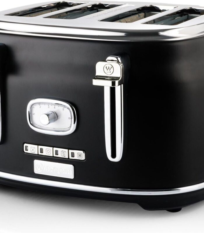 4 Slice 1750W Retro Toaster | Removable Bun Attachment, 6 Browning Levels, Bread Centring, Defrost, Warm-up & Stop Function, Extendable Crumb Tray | 2-Yr Warranty (Black)