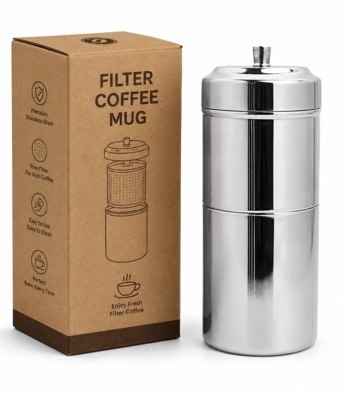Stainless Steel Filter Coffee Mug | South Indian Coffee Filter Maker | Reusable Coffee Brewing Filter with Lid | Easy to Use & Clean | For Home, Office & Kitchen (Medium)