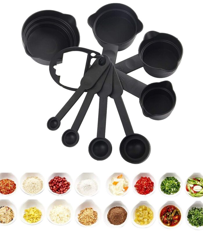 8pcs/Set Measuring Plastic Cup and Spoon Set, Multi-Purpose Kitchen Tool, Measuring Cups for Kitchen, Cake Baking Accessories, Measuring Spoons and Cups Set (Black) (4M-KYR6-V3NF_BZ)