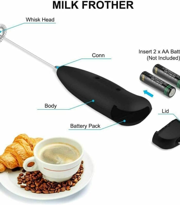 Handheld Electric Milk Frother, Battery Operated Foam Maker with Stainless Steel Whisk Head, Black, for Coffee with 2 Battery
