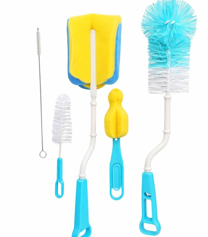 Bottle Cleaner Brush - 5pc Bottle Cleaning Brush Set with Long Handle - 360° Cleaning for Baby Feeding Bottles and Nipple, Water Bottles, Glass & Narrow Neck Containers (Multicolor)