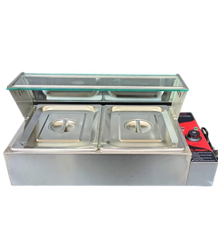 Shoppers Hub PNQ 2000W Electric SS Bain Marie with Glass & Two Compartments of 1/2 GN Pan | Food Warmer Steamer (GN Pan:Length - 325mm, Breadth - 265mm, Depth-100mm, Each GN Pan Capacity-5.5L)