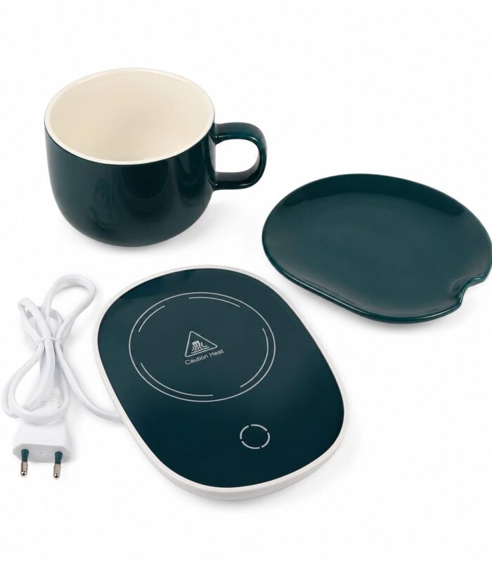Electric Mug Warmer with Ceramic Mug & Lid Set, Dark Green