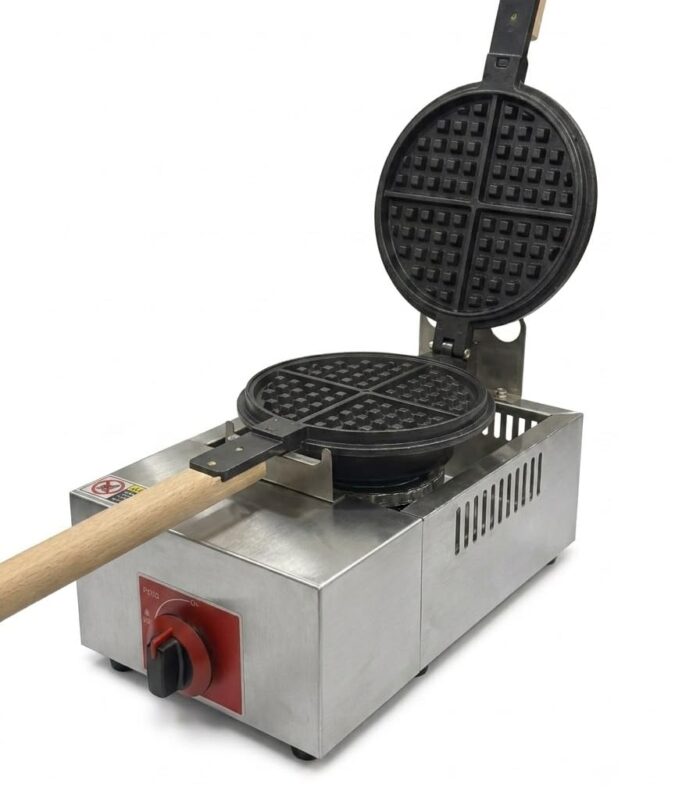 Modern India Kitchenware Gas Based Round Belgian Waffle Maker, 4 Slot, Wooden Handle, Commercial Grade for Cafes, Hotels, Restaurants, Bakeries