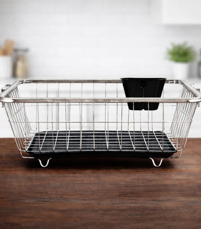 Utensils Drying Rack And kitchen organizer rack | Stainless Steel Kitchen Rack 17x22 Inch | Dish Drying Rack with Drain Tray | Bartan Steel Rack | Vessel Drainer Basket & Utensil Holder NHSP