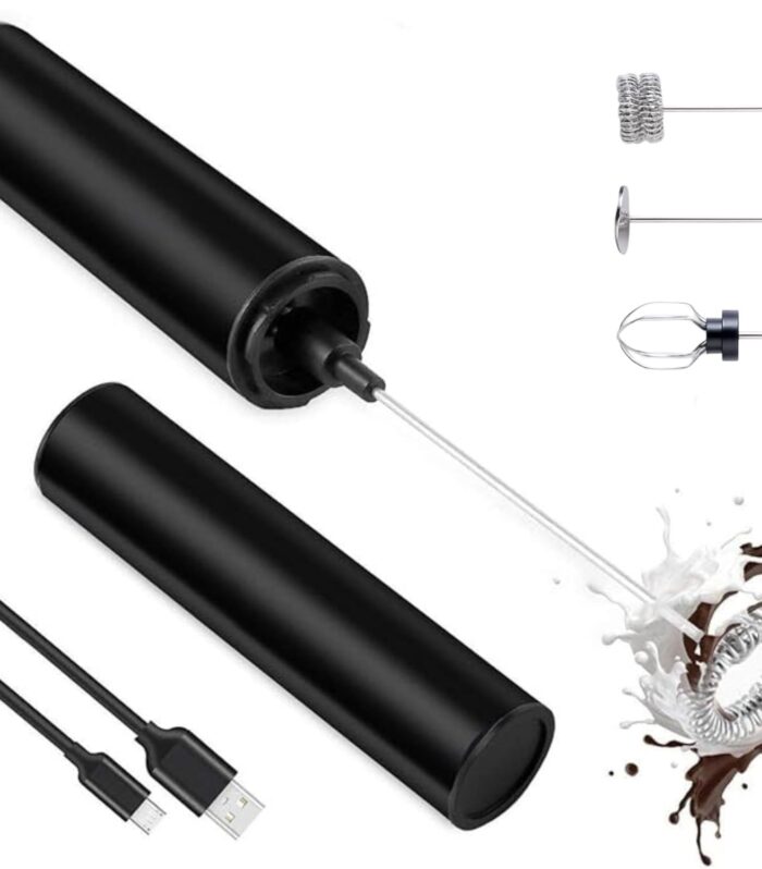 Rechargeable Travel Milk Frother with 3 Speed Settings,4 Stainless Steel Whisks (Classic Froth,Egg Beater,Protein Mixer) Coffee Beater for Lattes & Cappuccino,Battery Powered,Black