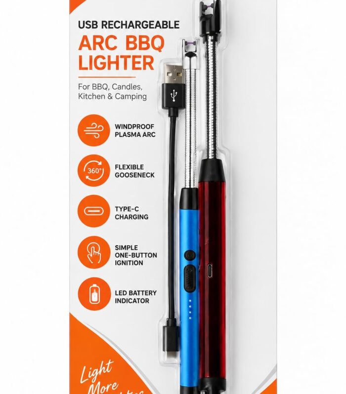 USB Rechargeable Arc BBQ Lighter | Windproof Flameless Plasma Ignition | 360° Flexible Gooseneck | Type-C Charging | Electric Lighter for BBQ, Candles, Gas Stove & Camping (Orange)