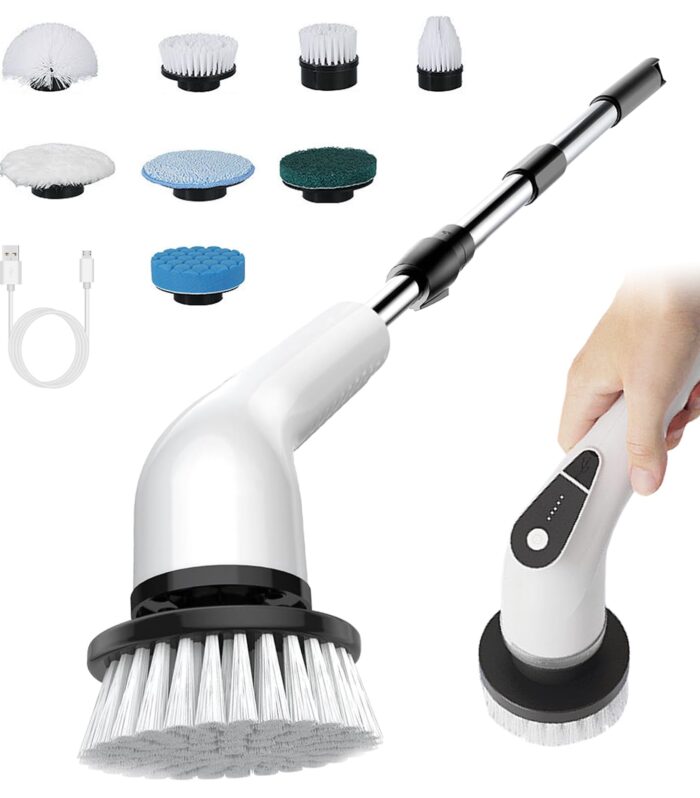 Electric Spin Scrubber, Cordless Electric Cleaning Brush with 8 Replaceable Brush Heads, Shower Scrubber 5 Speeds, 125cm Adjustable Handle Power Scrubber for Bathroom, Floor, Kitchen, Car