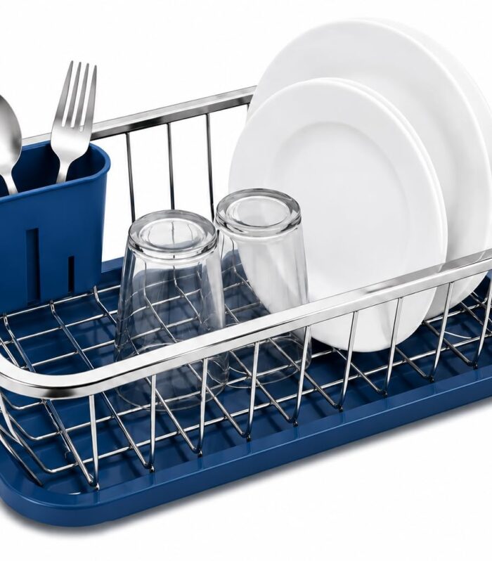 Dish Drying Rack with Drainer Tray | Stainless Steel Vessel Drainer Basket for Kitchen | Utensils Drying Rack with Spout | Bartan Basket Stand for Sink | Kitchen Dish Rack, 29 cm (Small) (Blue)