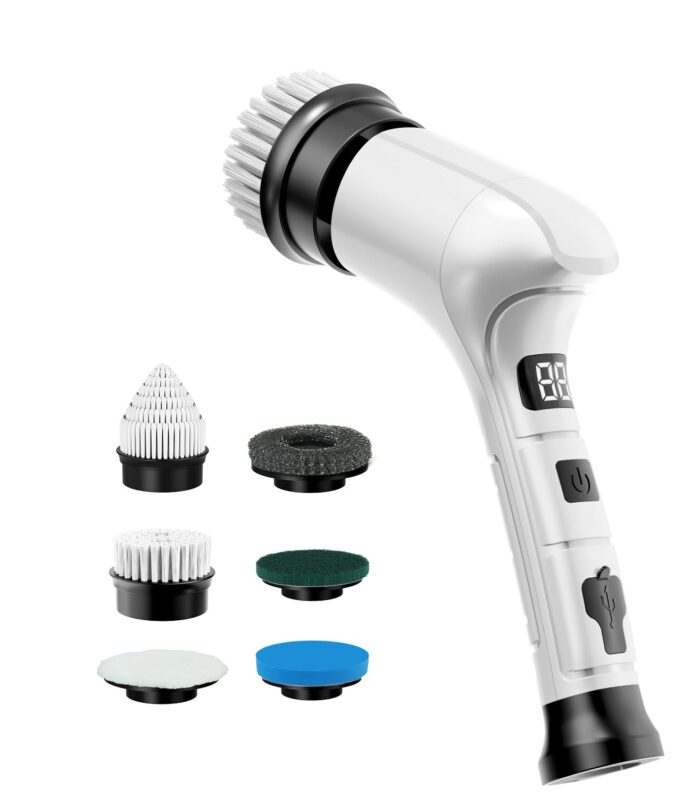 Electric Spin Scrubber, Cordless Household Cleaning Brush with 6 Replaceable Heads, 3 Speeds, LED Display, Lightweight Handheld Power Scrubber for Cleaning Stove/Bowl/Sink/Corner/Tile/Grout