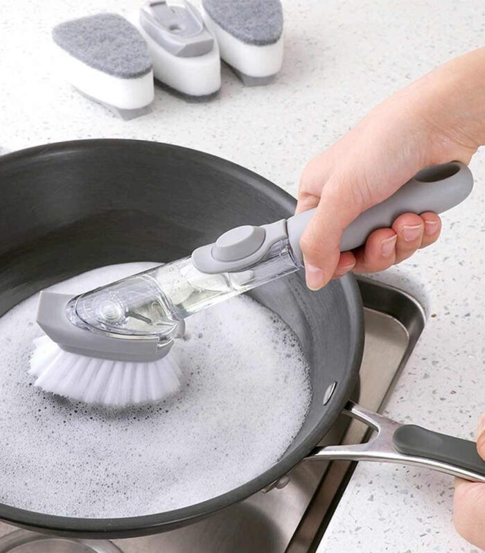 Press Type Plastic Automatic Sponge Dishwasher Pot Brush (Grey, Standard)