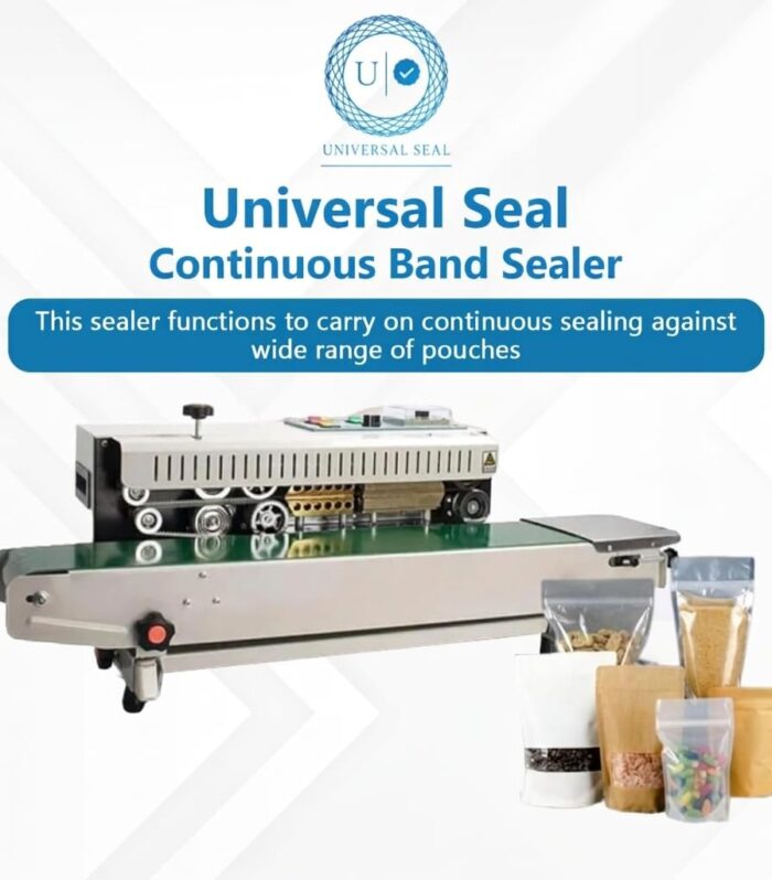 FR900 Continuous Band Sealing Machine | 0-18m/min | 6-15mm Seal Width | Plastic Bag Sealer for Food Pouches & Packaging (220V/110V, Mild Steel Body)