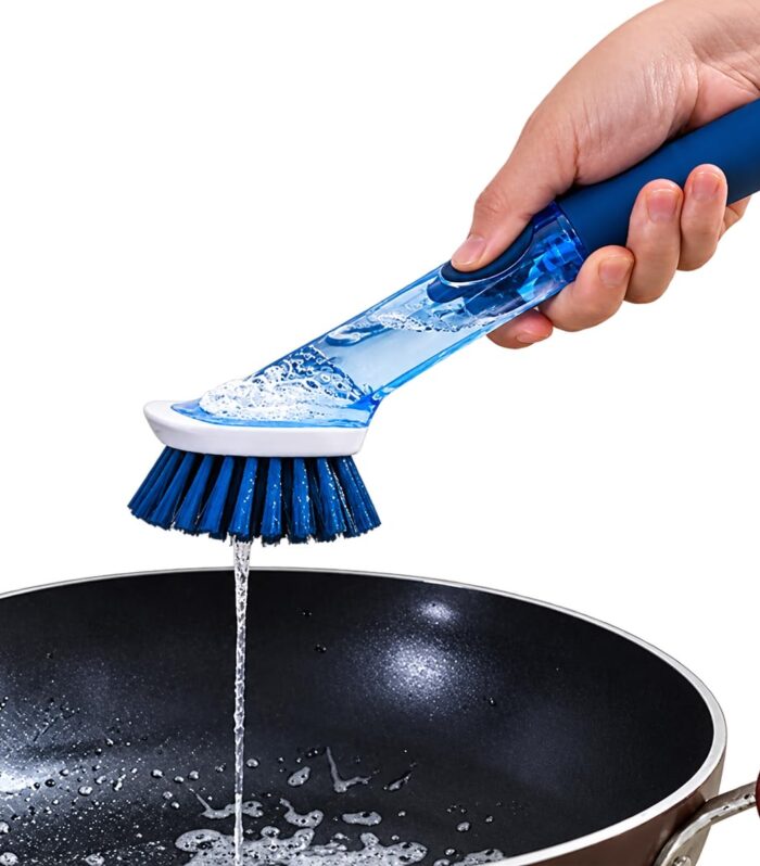 Dish Scrubber Cum Soap Dispensing Dish Brush with 3 Refill Replacement Heads | Built-in Liquid Soap Dispenser | Kitchen Cleaning Scrub Brush for Dishes Pots Pans Sink Tiles Non-Slip Ergonomic Handle
