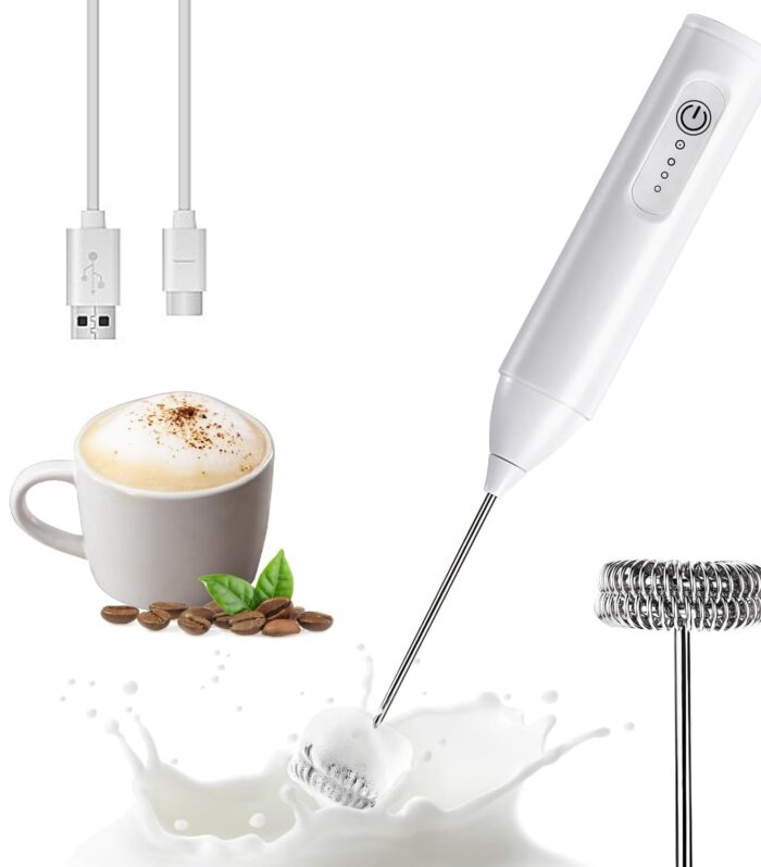 Rechargeable Milk Frother Handheld, USB-C Coffee Foam Maker with Stainless Steel Whisk ＆ 3 Speeds, Coffee Frother Electric Hand Drink Mixer Stirrer for Matcha, Hot Chocolate,Frappe, Drink