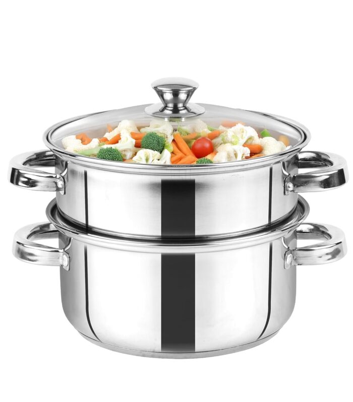 Stainless Steel Steamer Set with Glass Lid | Pasta Steamer | Vegetable Steamer | Momo Steamer | Rice Steamer; 20 cm; 3pc Set; Premium Steel Products