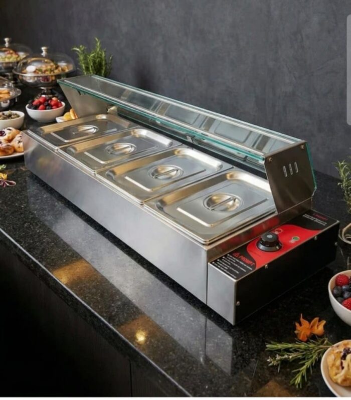 Habib Professional Electric Bain Marie, Stainless Steel Food Warmer with Glass Front, 4 Compartments, 2000W, GN Pan Size 32.5x26.5x10cm, 5.5L Capacity Each