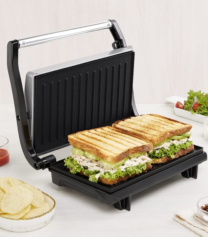 Grill Sandwich Maker | Can Make 2 Large Sandwich | Made in India, BIS Approved | Nonstick Coated Plates, Even Grilling | Cool Touch Handle | Indicator Light | 2 Years Warranty (Prime Grill)