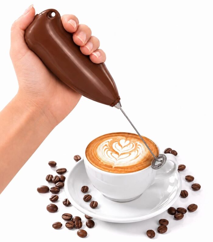 Electric Milk Frother Coffee Beater for Latte, Cappuccino, Hot Chocolate | Handheld Foam Maker | Mini Hand Blender Mixer | Stainless Steel Whisk | Battery Operated (2 AA Batteries Included, Brown)