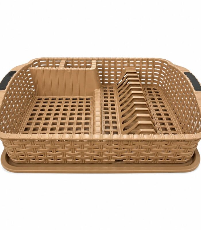Large Plastic Dish Rack with Water Collection Tray | Kitchen Dish Drying Rack with Dish Slots & Separate Cutlery Drainer | Plastic Dish Organizer with Tray | Rattan Design (Light Brown)