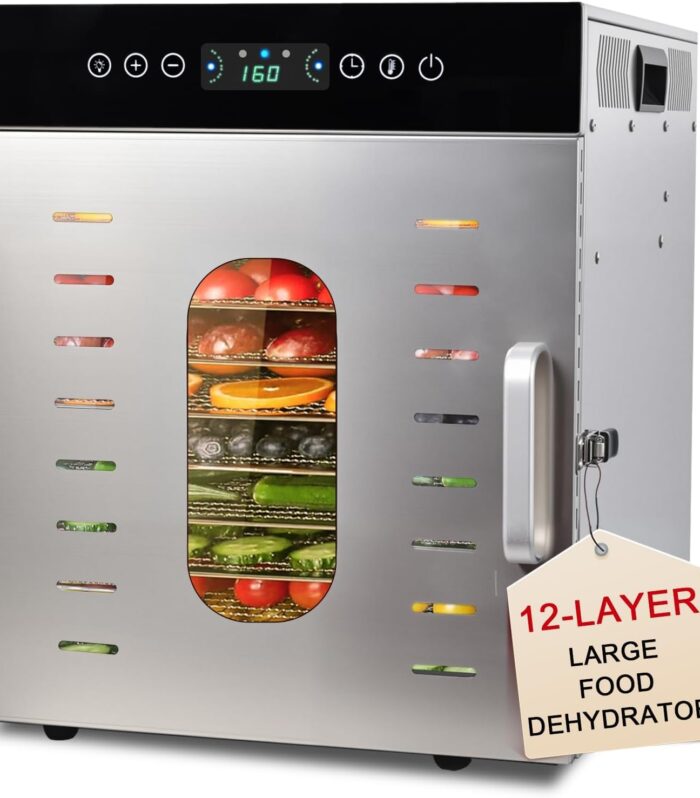 Commercial Household 12 Stainless Steel Trays Food Dehydrator 304 grade 1000W, Digital Adjustable Timer & Temperature Control, Food Preserver Machine with Drying Capacity for Fruits, herbs, Veggies
