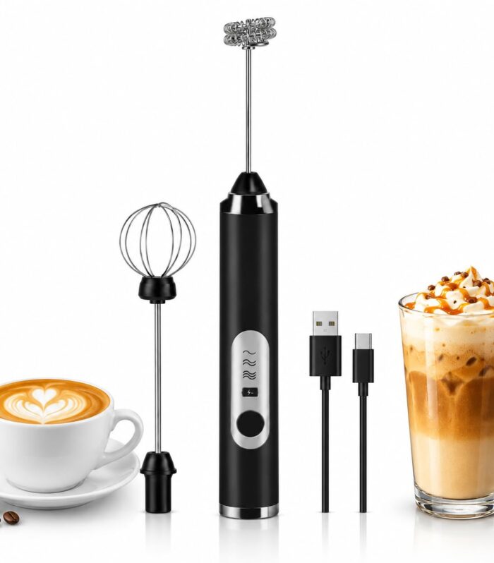 USB Rechargeable Milk Frother with 2 Stainless Steel Heads, Electric Coffee Beater & Egg Whisk for Latte, Cappuccino, Hot Chocolate and Foam Making, Portable Hand Mixer