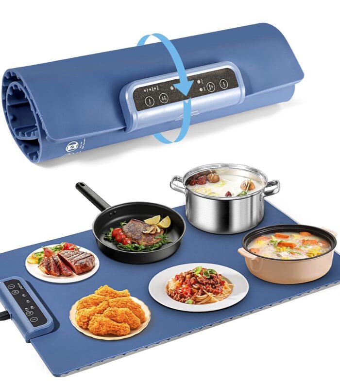 Electric Warming Tray with Adjustable Temperature - Silicone Roll-Up Food Warmer for Parties & Buffets, Fast Heating Hot Plate, Foldable & Portable Design for Catering, and Home Use (Blue)