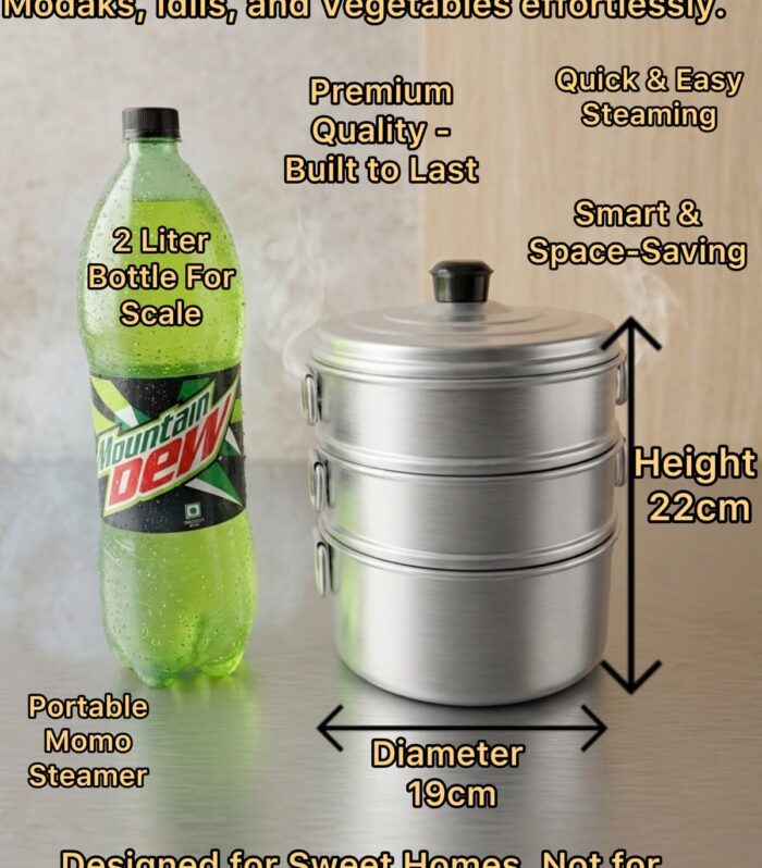 Heavy Duty Aluminium Momos Steamer 3 Tier | 19cm Idli Maker & Vegetable Steam Cooker with Lid for Home