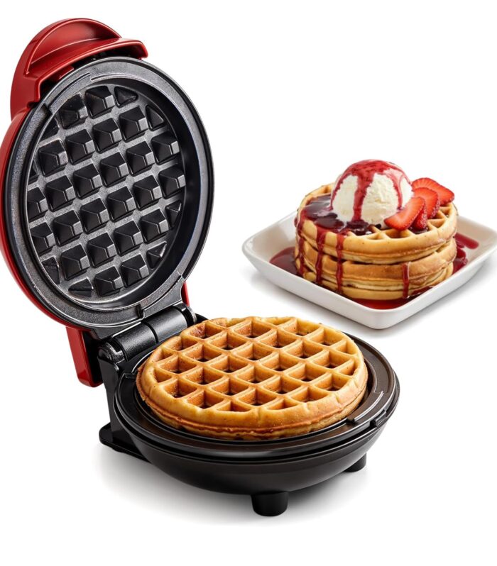 Mini Electric Waffle Maker | 4-Inch Belgian Waffle Maker | Non-Stick Waffle Iron | Fast Heating Compact Breakfast Maker for Waffles, Chaffles, Hash Browns, Sandwiches & Eggs | Easy Clean | Red