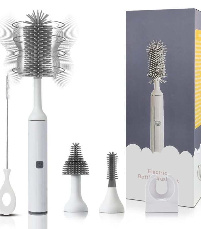 Electric Cleaning Brush with USB Rechargeable Electric Bottle Brush Cleaner and 3 Replaceable Silicone Bottle Brushes and Straw Cleaner Brush,Perfect Baby Gifts and Kitchen Brushes(White)
