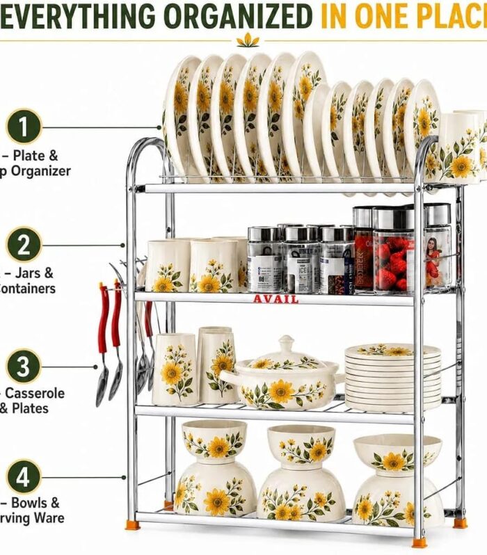 4 Tier Dish Drying Rack for Kitchen, Metal Plate Stand with Bowl, Cup & Cutlery Holder, Multi-Level Space Saving Organizer