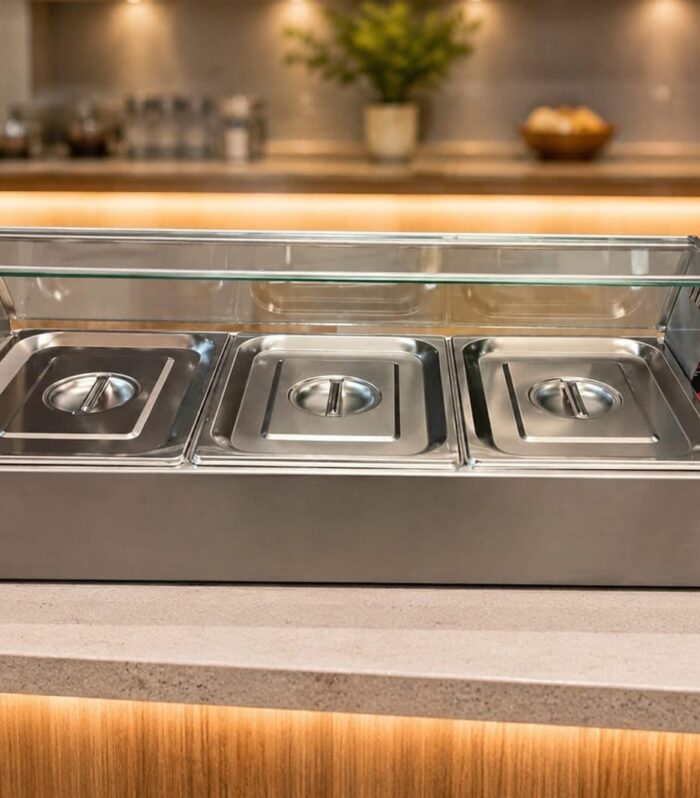 Commercial Electric Bain Marie Food Warmer with Toughened Glass Sneezeguard – 3 x 1/2 GN Pans (100mm Deep), Stainless Steel Buffet Food Warmer, Adjustable Temperature Control