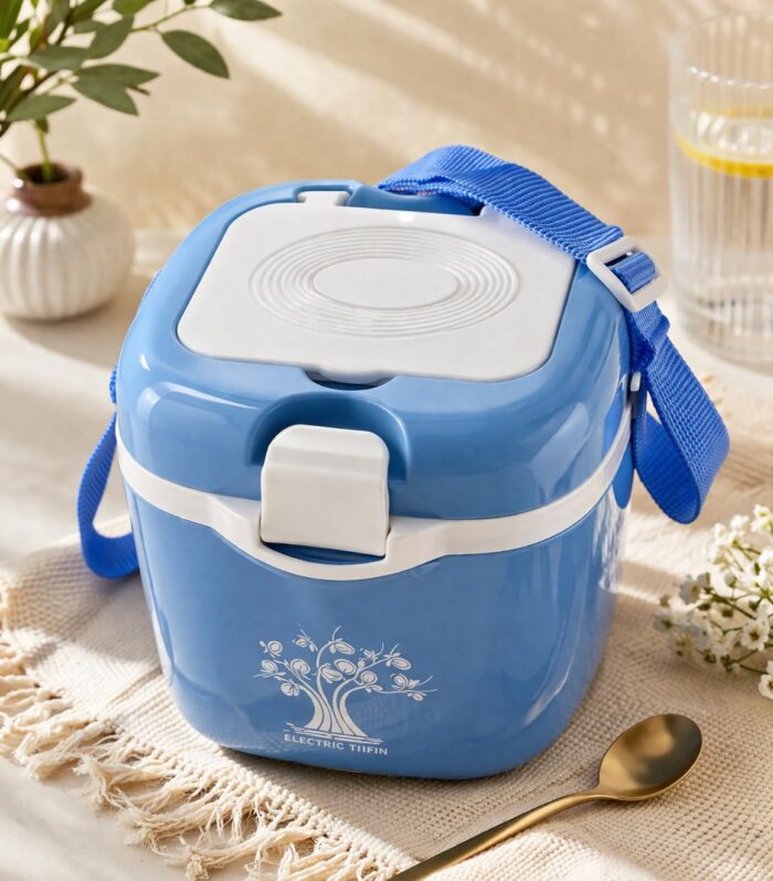 Electric Tiffin Electric Lunch Box, Blue, Stainless Steel Containers, Portable with Carry Strap, Food Warmer