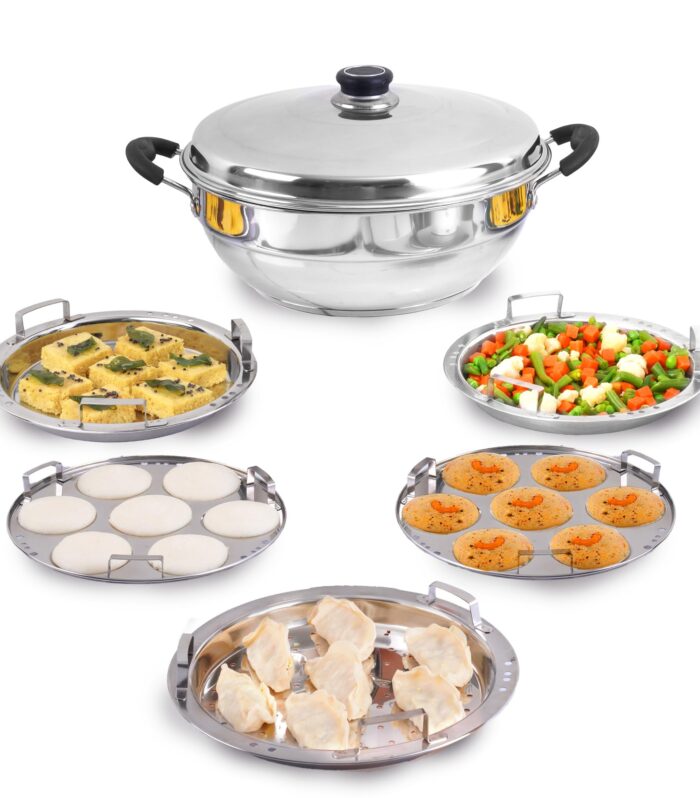 Stainless Steel Idli Maker/Momo Maker/Multi Kadai/Steamer Set|Large, 5 Plates, 2 Idli|2 Dhokla|1 Steamer|29Cm/11.3 Inch, 4.2Ltr, 2.5Kg|3-Layer Thick Bottom|Induction Friendly