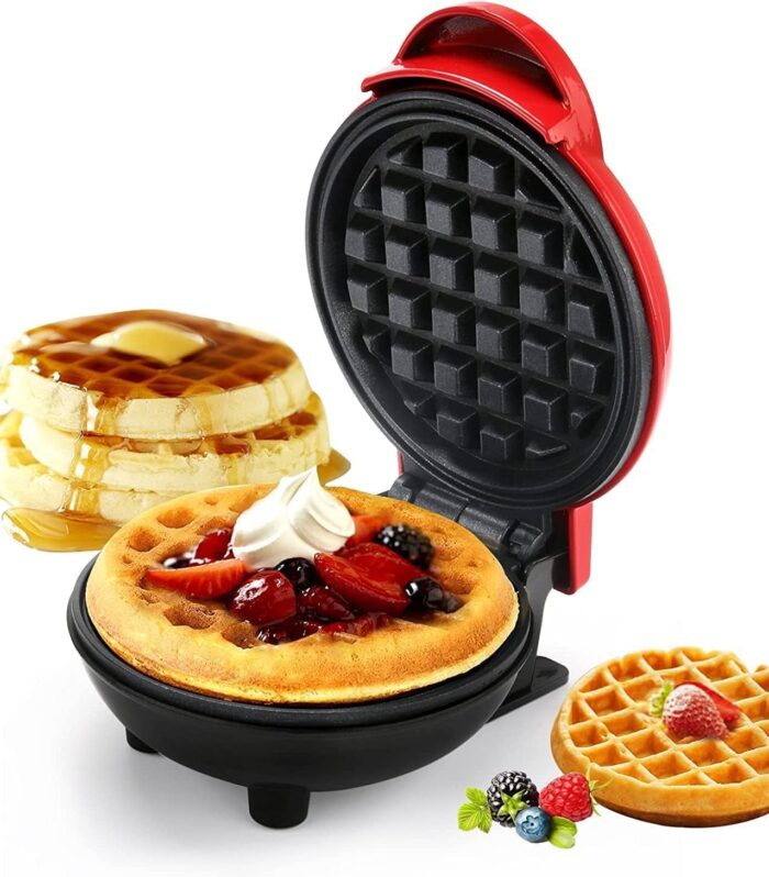 Mini Waffle Maker|Portable Electric Non Stick Waffle Iron|Round Waffle Maker Grill Machine for Individual Pancakes, Cookies, Eggs, Waffles, Paninis, Breakfast, Lunch, Snack (Red Color)