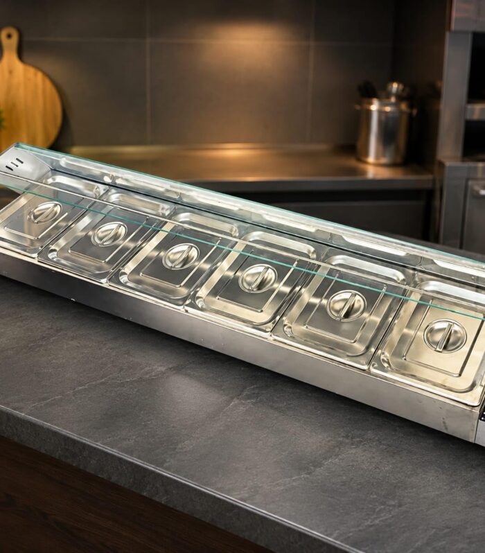 Commercial Electric Bain Marie Food Warmer with 6 GN 1/2 Pans & Lids, Stainless Steel Buffet Server, Temperature Control, 5.5 Litre Capacity per Pan (100 mm Deep)