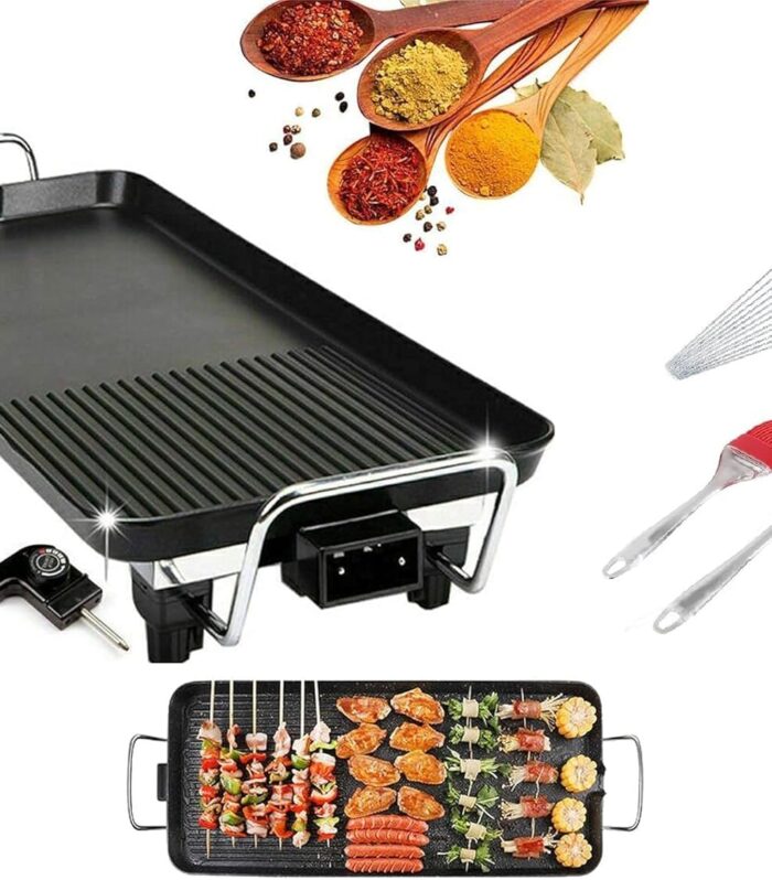 Electric Smokeless Grill Pan, 1400W Portable Indoor & Outdoor BBQ Grilling Plate, Non-Stick Teppanyaki Grill with 5 Temperature Settings (Design-1(1400W))