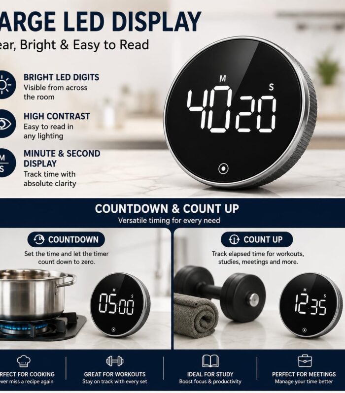 Magnetic Digital Kitchen Timerswith 1 Year Warranty, Manual Countdown Kitchen Timer,Mechanical Cooking Timer for Seniors, Adult and Kids, Gym, Athelete (Silver)