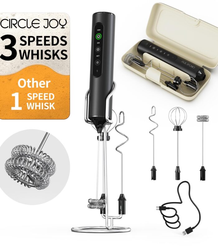 Rechargeable Milk Frother for Coffee with Stand & Storage Box, 3 Variable Speeds, 3 Whisks, Coffee Frother Electric Drink Mixer for Latte, Cappuccino, Hot Chocolate, Eggs and Protein Powder