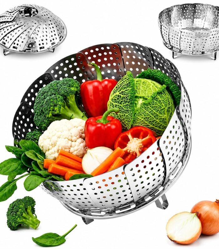 PEAKTASTE Stainless Steel Steamer Basket for Vegetables - Premium Baby Food Steamer & Healthy Steamed Meals Insert | Expandable Foldable Cookware Veggie Steamer Fits Various Pots, Pans & Instant Pots (6.3" to 10.3")