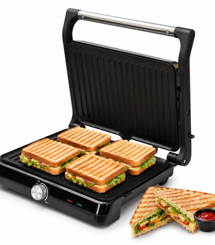 Griller Sandwich Maker - 2000 W 4 Slice Sandwich Maker Electric With Non Stick Plates Opens to 180°, Cool Touch Handles, Temperature Control And Drip Tray,Black