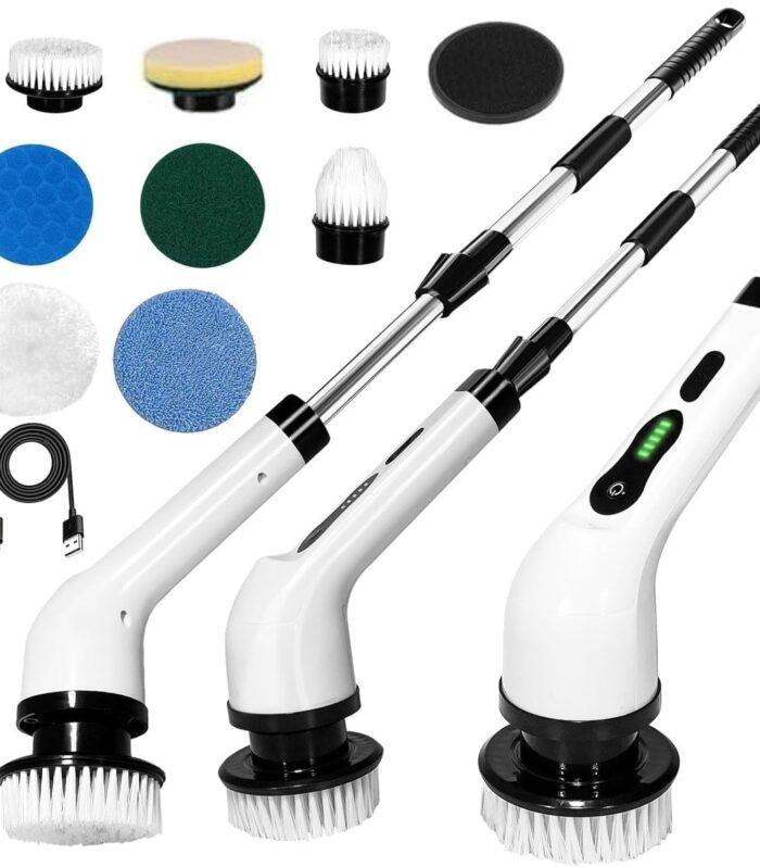 Electric Spin Scrubber, 8 Brush Heads, 3 Speeds, Adjustable Handle