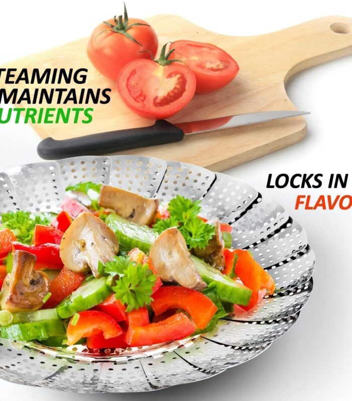 Stainless Steel Vegetable Steamer Basket, Silver, Round, 21.59 cm, Polished Finish, for Vegetables, Momos & Baby Food
